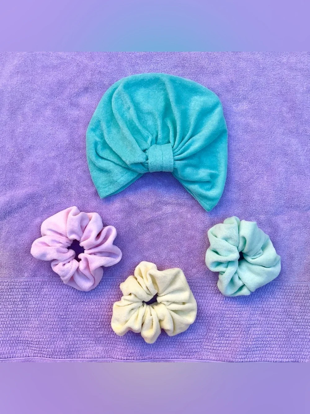 Bundle .• Pastel Terry Cloth Jumbo Scrunchies & Turban Hair Towel